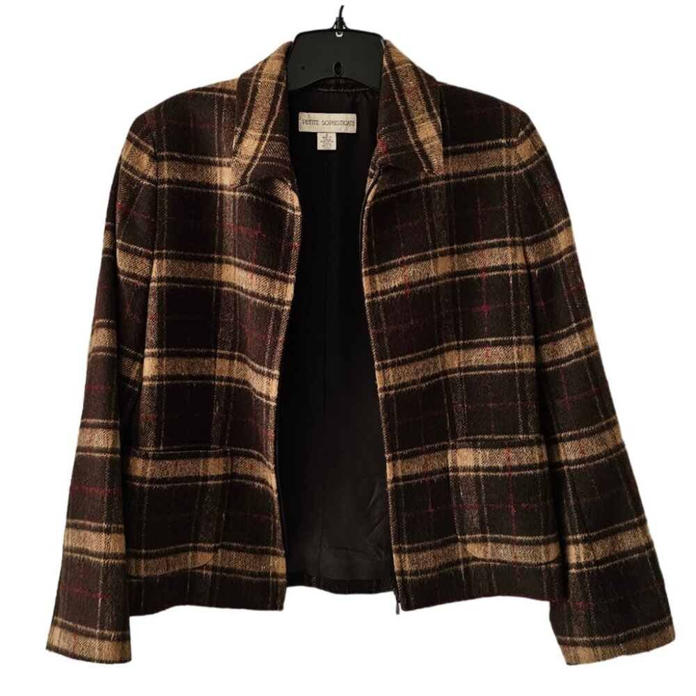 Petite Sophisticate Plaid Lined Wool Zip Jacket | Like New | 2P | Brown Tan Red - Picture 4 of 16